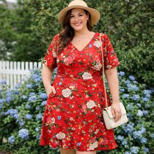 BETSEY JOHNSON Red Floral Dress 16W Plus Size Fit Flare Party Date Night Resort
